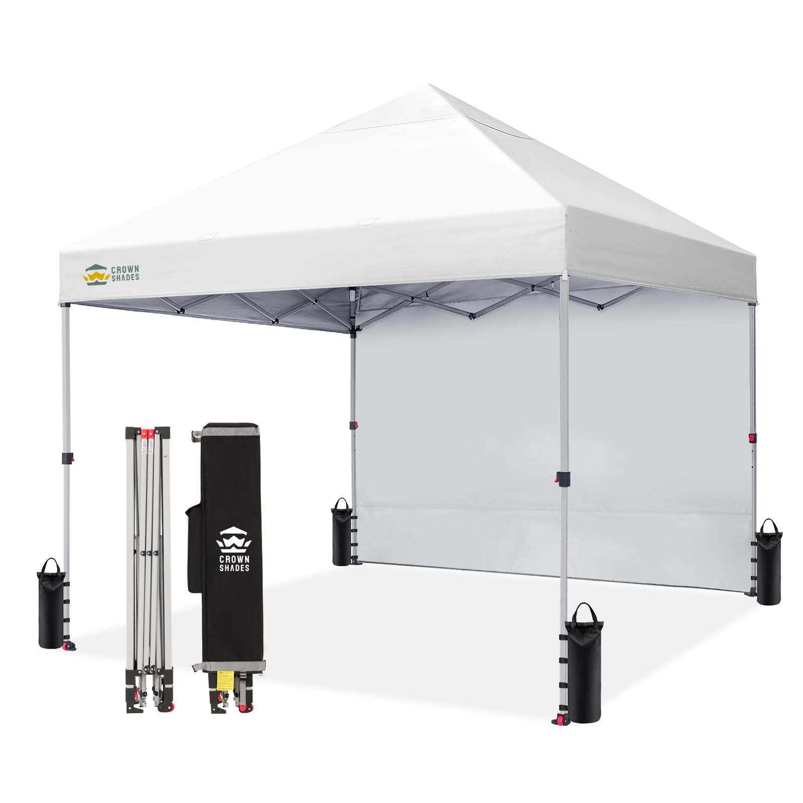 CROWN SHADES 10x10 Pop Up Canopy with 1 Side Wall - Beach Tent with One Push Setup - Outdoor Sun Shade for Events, Parties, Camping - Gazebo with STO-N-Go Cover Bag (White)