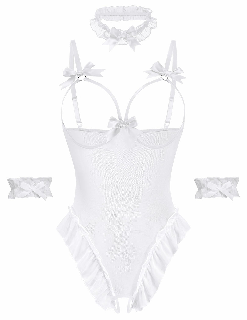 Avidlove Womens Lingerie Bodysuit 4 Piece Set Sheer Mesh Teddy Babydoll with Detachable Collar and Wrist Cuffs