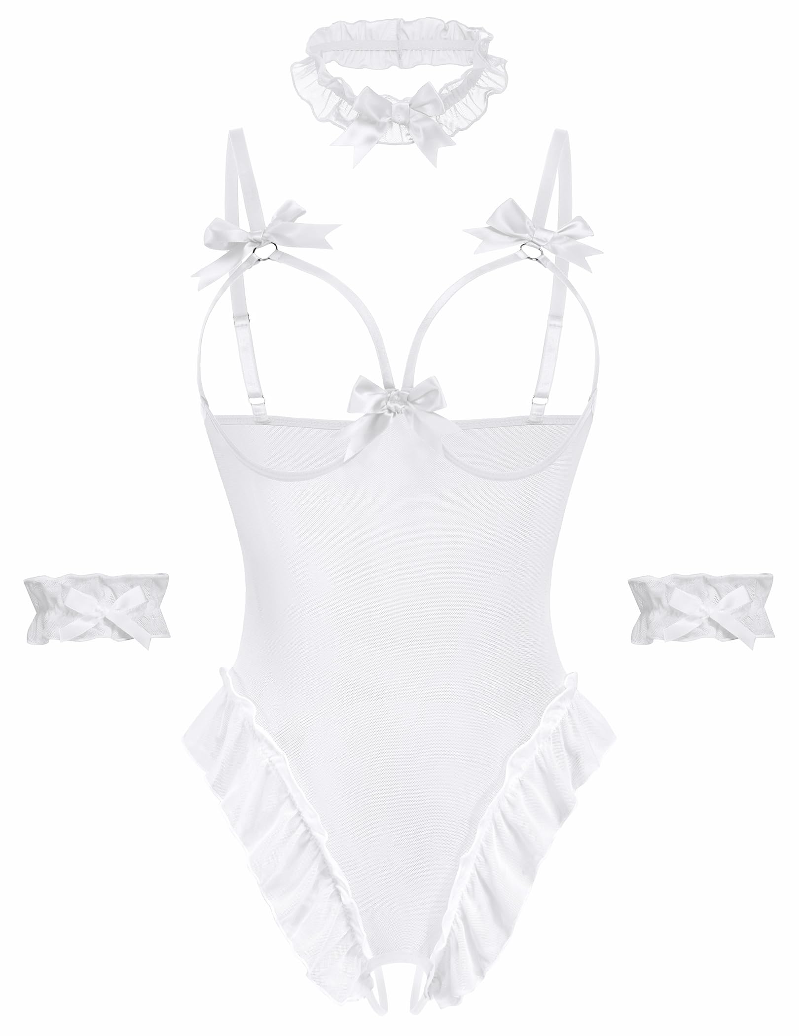 Avidlove Womens Lingerie Bodysuit 4 Piece Set Sheer Mesh Teddy Babydoll with Detachable Collar and Wrist Cuffs