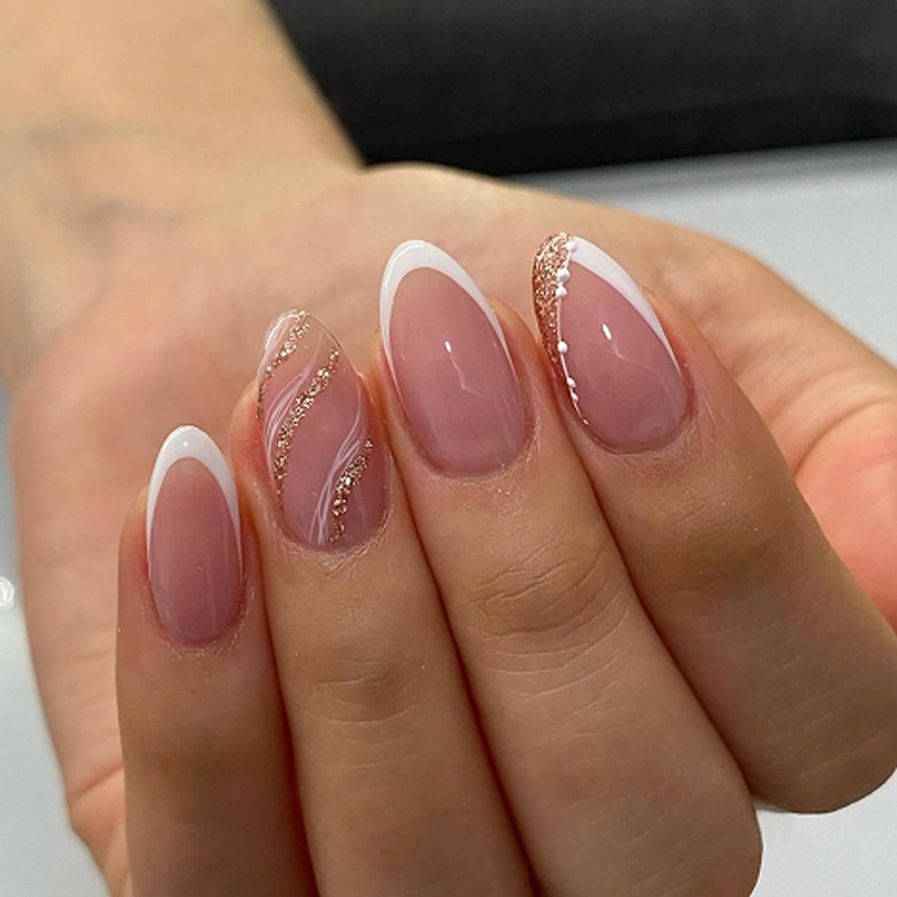 Summer French Press On Nails Short Almond, Cute Nude Pink Fake Nails with White French Tip & Brown Dot Detail, Glossy Gel Acrylic Stick On Nails, Perfect for Daily Wear & Gifts, New Packaging, 32PCS