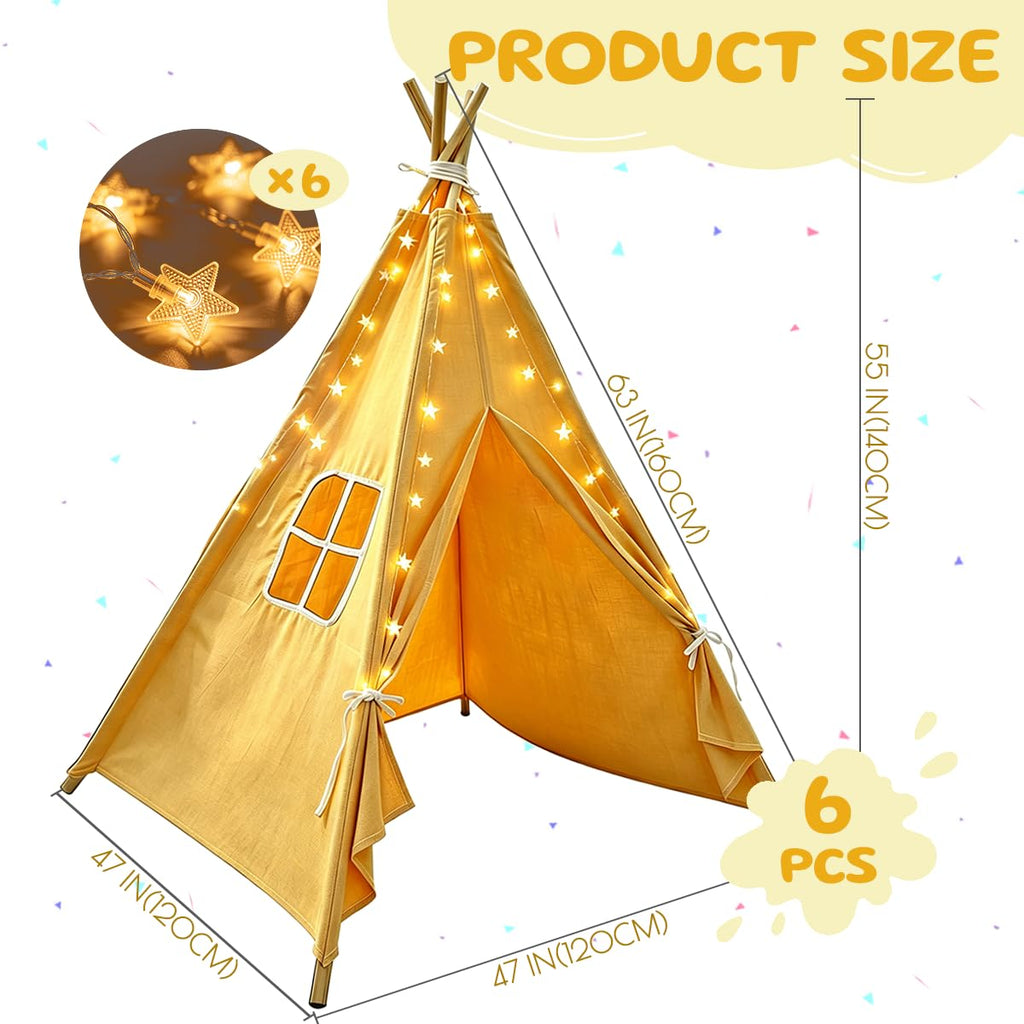 6 Pack Teepee Tent for Kids,Collapsible Kids Teepee Tent with 10 Ft String Lights,White Kid Teepee Boys Girls Indoor Outdoor Slumber Party Sleepover Party
