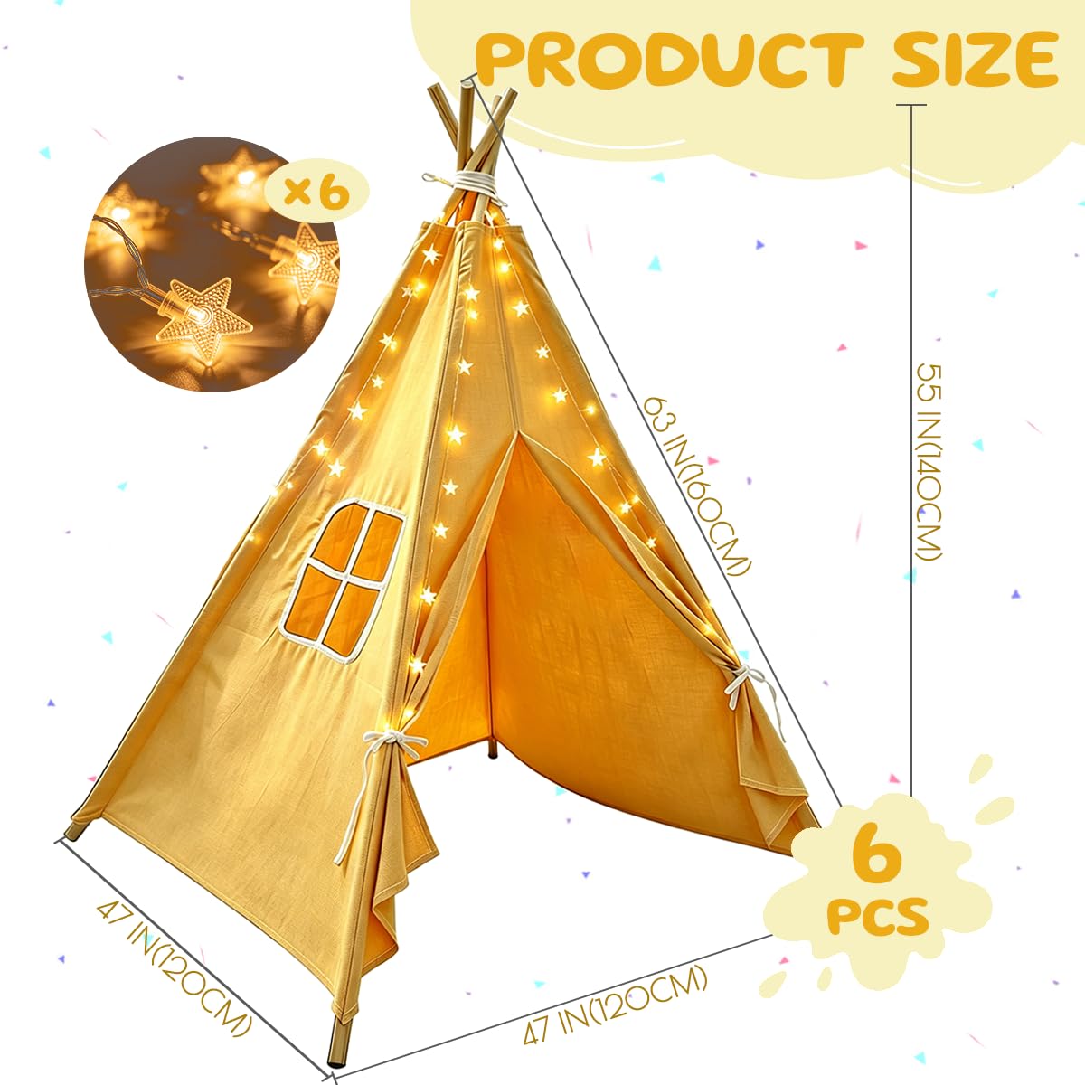 6 Pack Teepee Tent for Kids,Collapsible Kids Teepee Tent with 10 Ft String Lights,White Kid Teepee Boys Girls Indoor Outdoor Slumber Party Sleepover Party