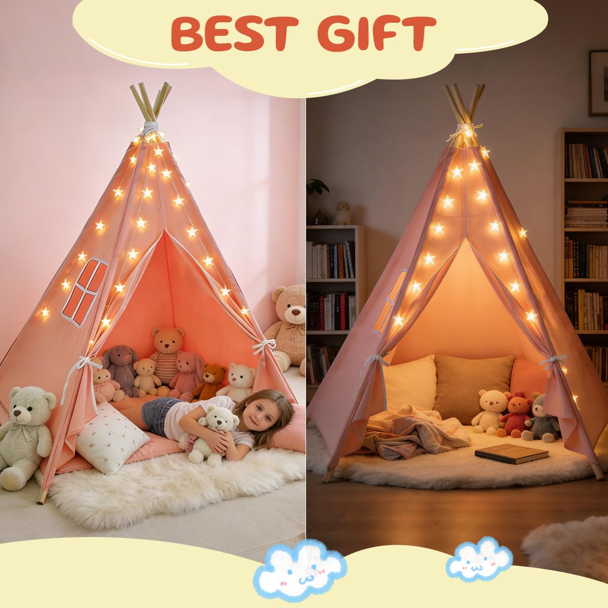 6 Pack Teepee Tent for Kids,Collapsible Kids Teepee Tent with 10 Ft String Lights,White Kid Teepee Boys Girls Indoor Outdoor Slumber Party Sleepover Party