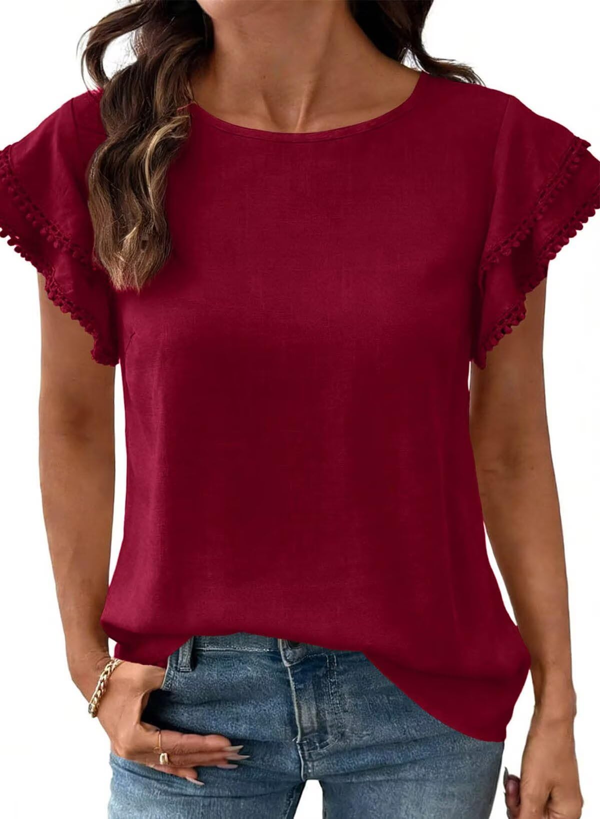 Dokotoo Summer Tops for Women 2026 Casual Round Neck Ruffle Cap Sleeve Blouse Shirts Solid Color Tunic Tops
