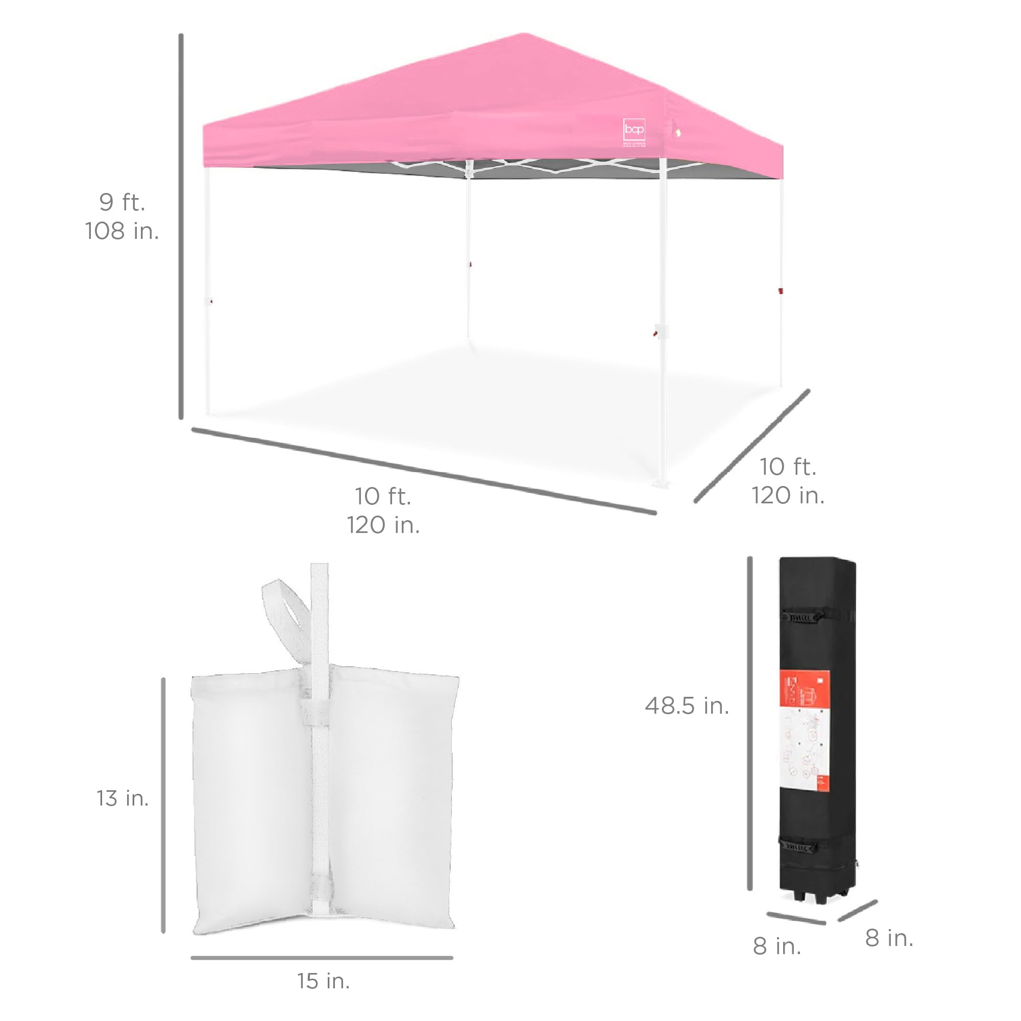 Best Choice Products 10x10ft Pop Up Canopy Tent with Sidewall, 1 Person 1 Minute Set Up, Carry Case, 4 Weight Bags - Pink/White
