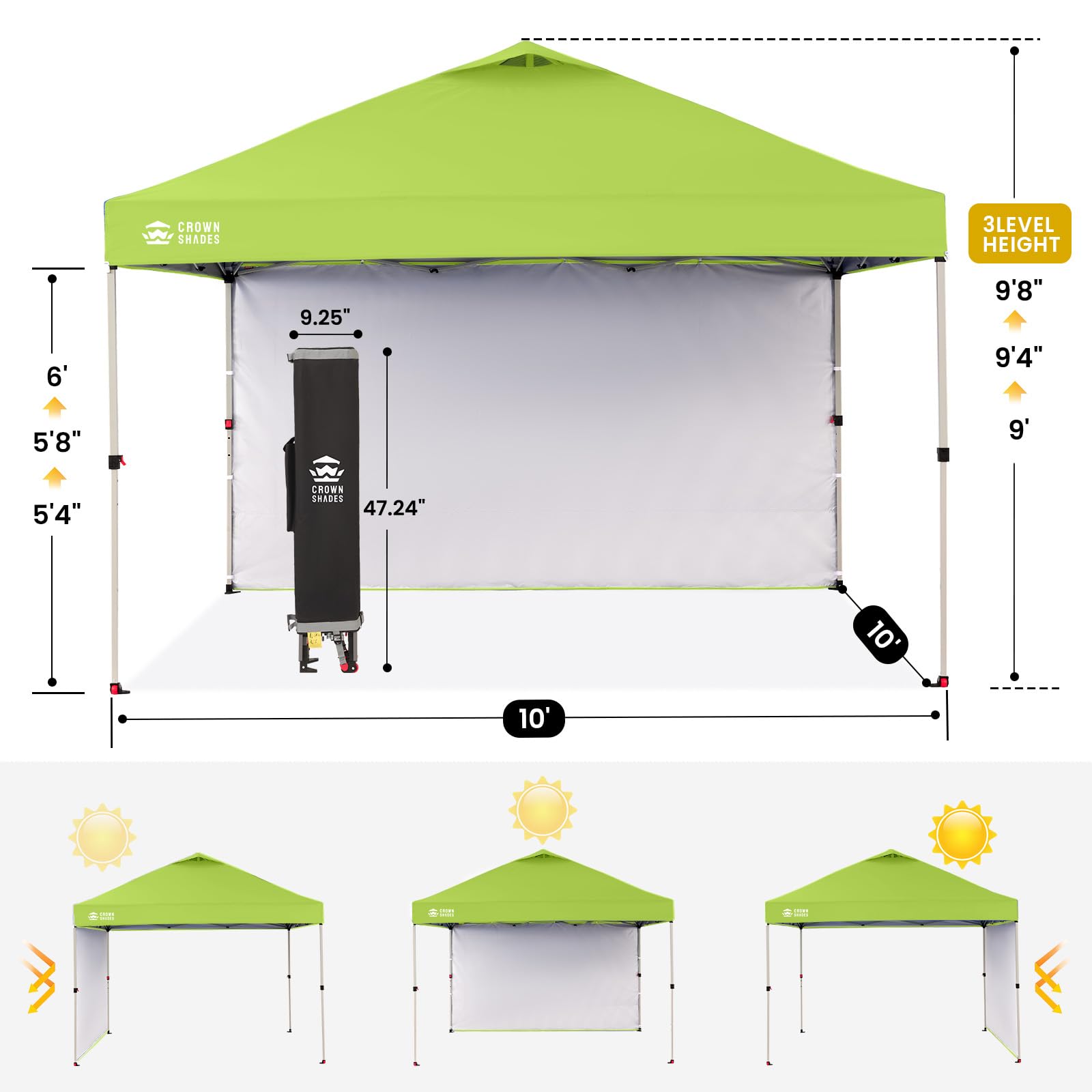 CROWN SHADES 10x10 Pop Up Canopy with 1 Side Wall - Beach Tent with One Push Setup - Outdoor Sun Shade for Events, Parties, Camping - Gazebo with STO-N-Go Cover Bag (White)