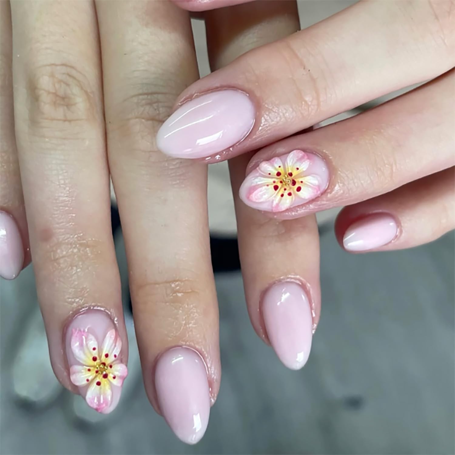 Summer French Press On Nails Short Almond, Cute Nude Pink Fake Nails with White French Tip & Brown Dot Detail, Glossy Gel Acrylic Stick On Nails, Perfect for Daily Wear & Gifts, New Packaging, 32PCS