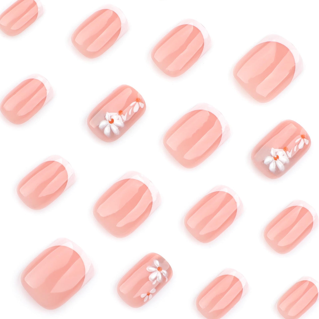 Summer French Press On Nails Short Almond, Cute Nude Pink Fake Nails with White French Tip & Brown Dot Detail, Glossy Gel Acrylic Stick On Nails, Perfect for Daily Wear & Gifts, New Packaging, 32PCS