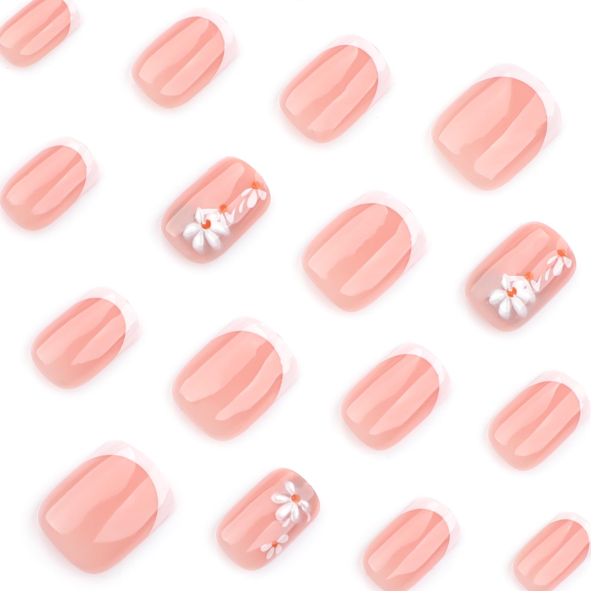 Summer French Press On Nails Short Almond, Cute Nude Pink Fake Nails with White French Tip & Brown Dot Detail, Glossy Gel Acrylic Stick On Nails, Perfect for Daily Wear & Gifts, New Packaging, 32PCS