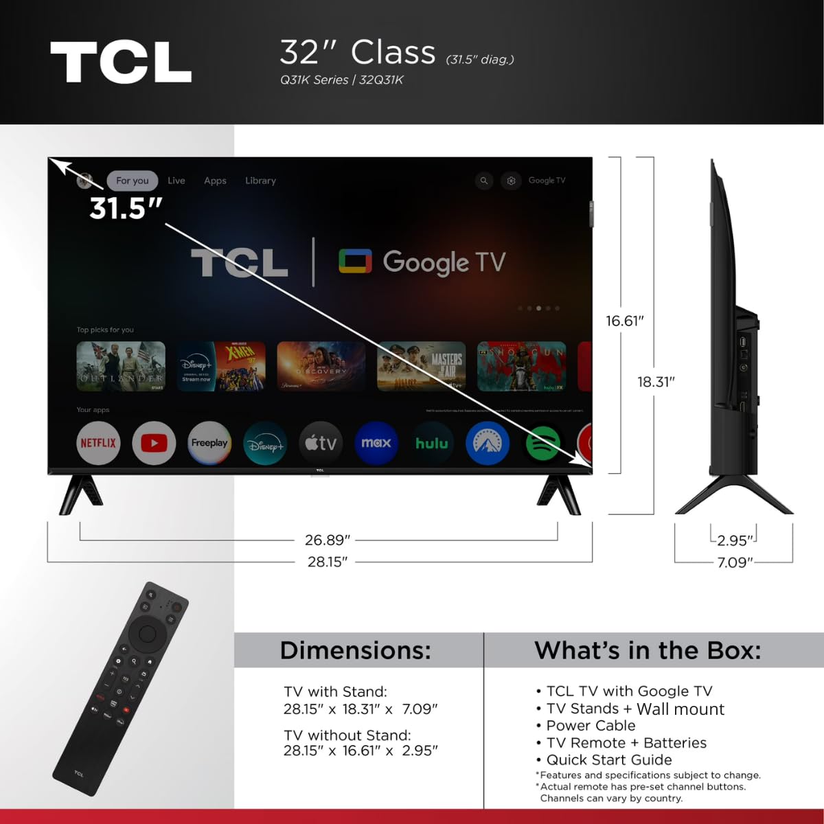 TCL 43" Class Q3K Series Full HD QLED, HDR 10, HVA Panel, Motion Rate 120, 60Hz, Bluetooth, FullView + Free Wall Mount (2025) (Renewed)