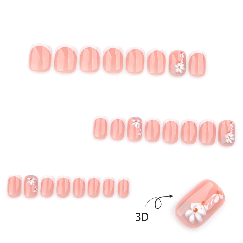 Summer French Press On Nails Short Almond, Cute Nude Pink Fake Nails with White French Tip & Brown Dot Detail, Glossy Gel Acrylic Stick On Nails, Perfect for Daily Wear & Gifts, New Packaging, 32PCS