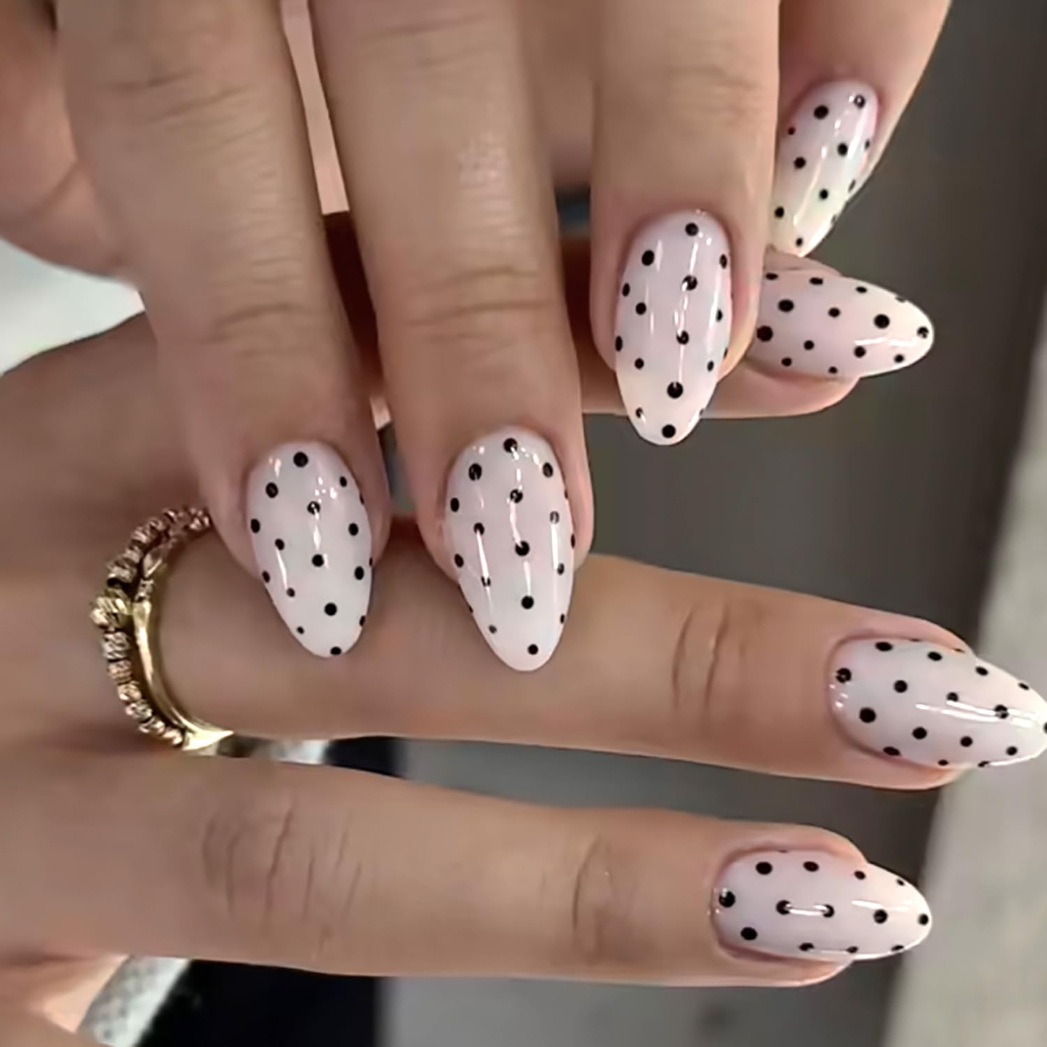 Summer French Press On Nails Short Almond, Cute Nude Pink Fake Nails with White French Tip & Brown Dot Detail, Glossy Gel Acrylic Stick On Nails, Perfect for Daily Wear & Gifts, New Packaging, 32PCS