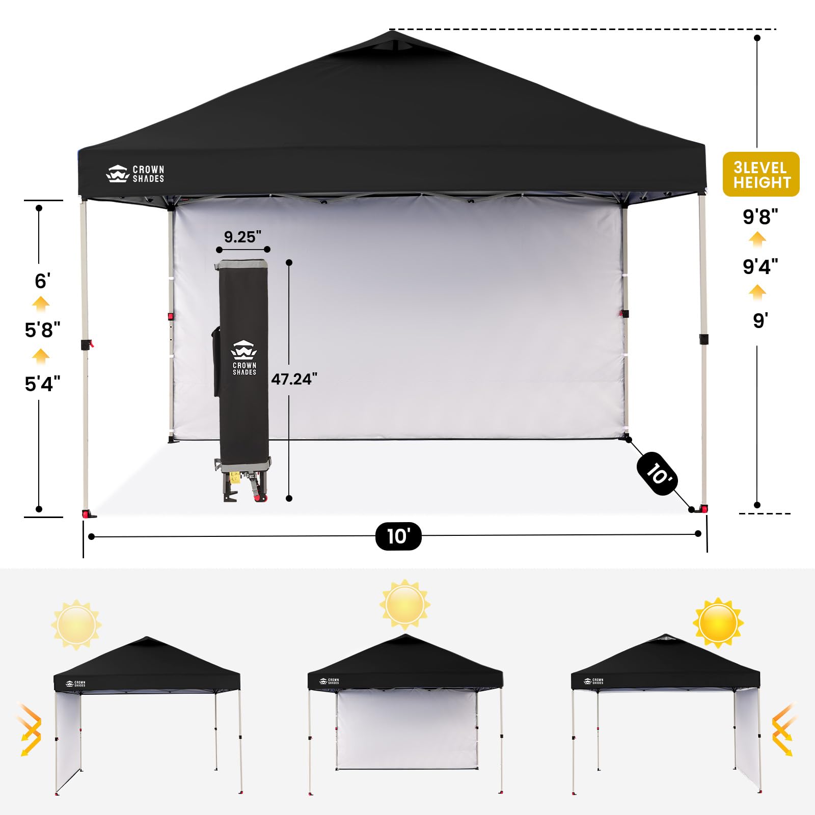 CROWN SHADES 10x10 Pop Up Canopy with 1 Side Wall - Beach Tent with One Push Setup - Outdoor Sun Shade for Events, Parties, Camping - Gazebo with STO-N-Go Cover Bag (White)