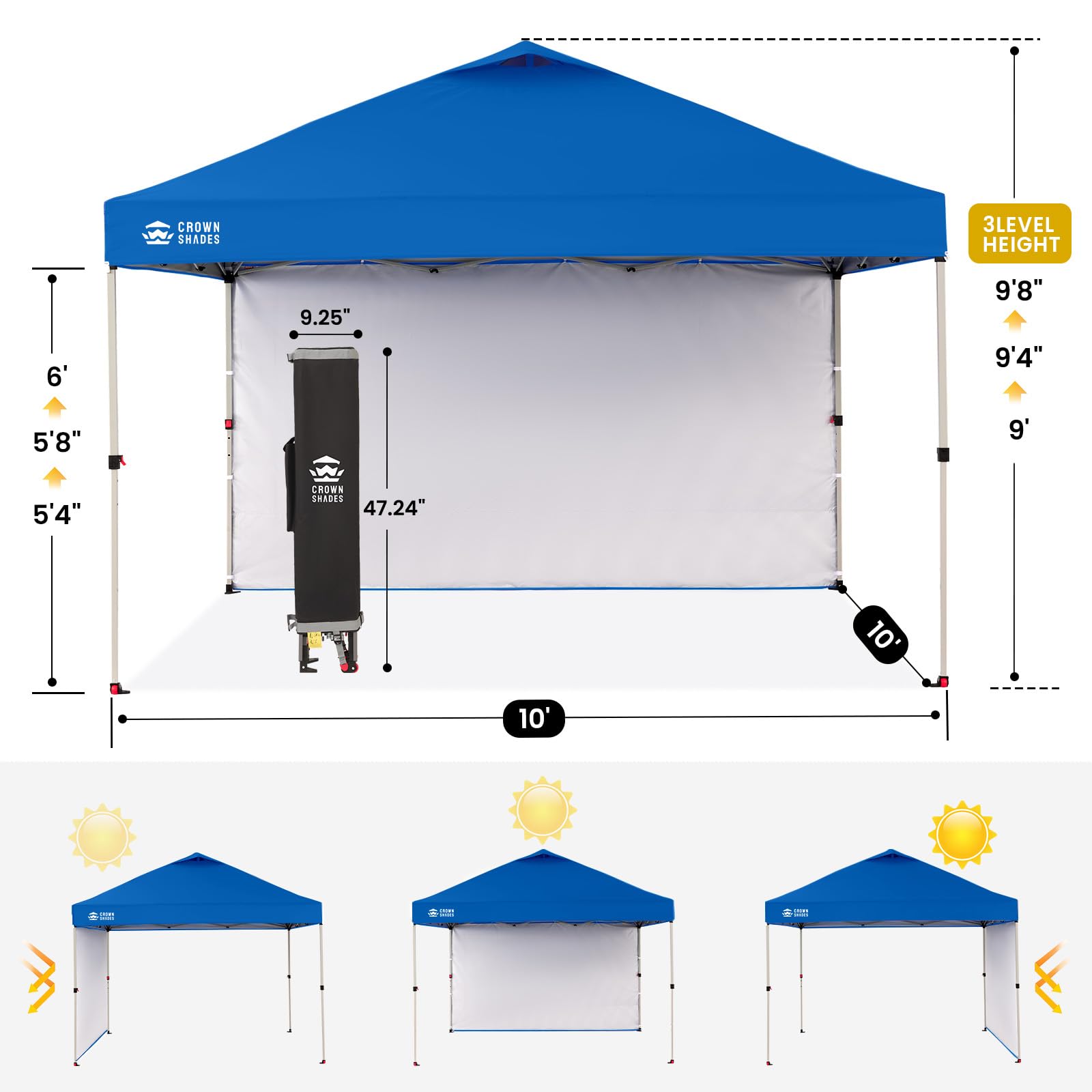 CROWN SHADES 10x10 Pop Up Canopy with 1 Side Wall - Beach Tent with One Push Setup - Outdoor Sun Shade for Events, Parties, Camping - Gazebo with STO-N-Go Cover Bag (White)