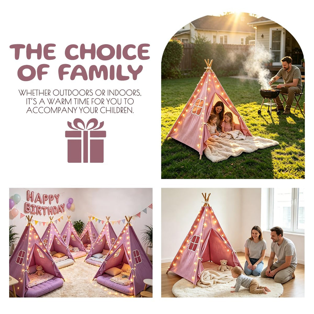 6 Pack Teepee Tent for Kids,Collapsible Kids Teepee Tent with 10 Ft String Lights,White Kid Teepee Boys Girls Indoor Outdoor Slumber Party Sleepover Party