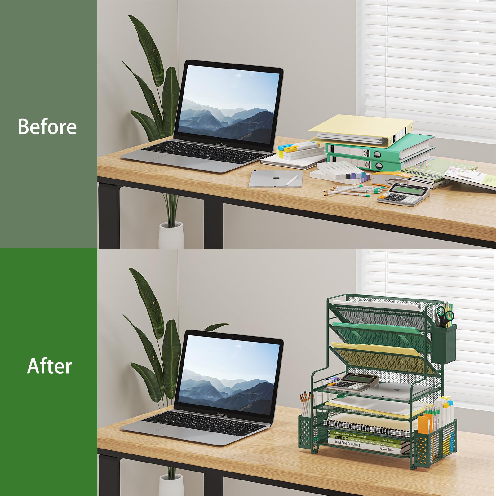 Simple Trending 7 Tier Desk File Organizer, Letter Tray Paper Organizer with Pen Holder and Metal Hanging Basket, Pink