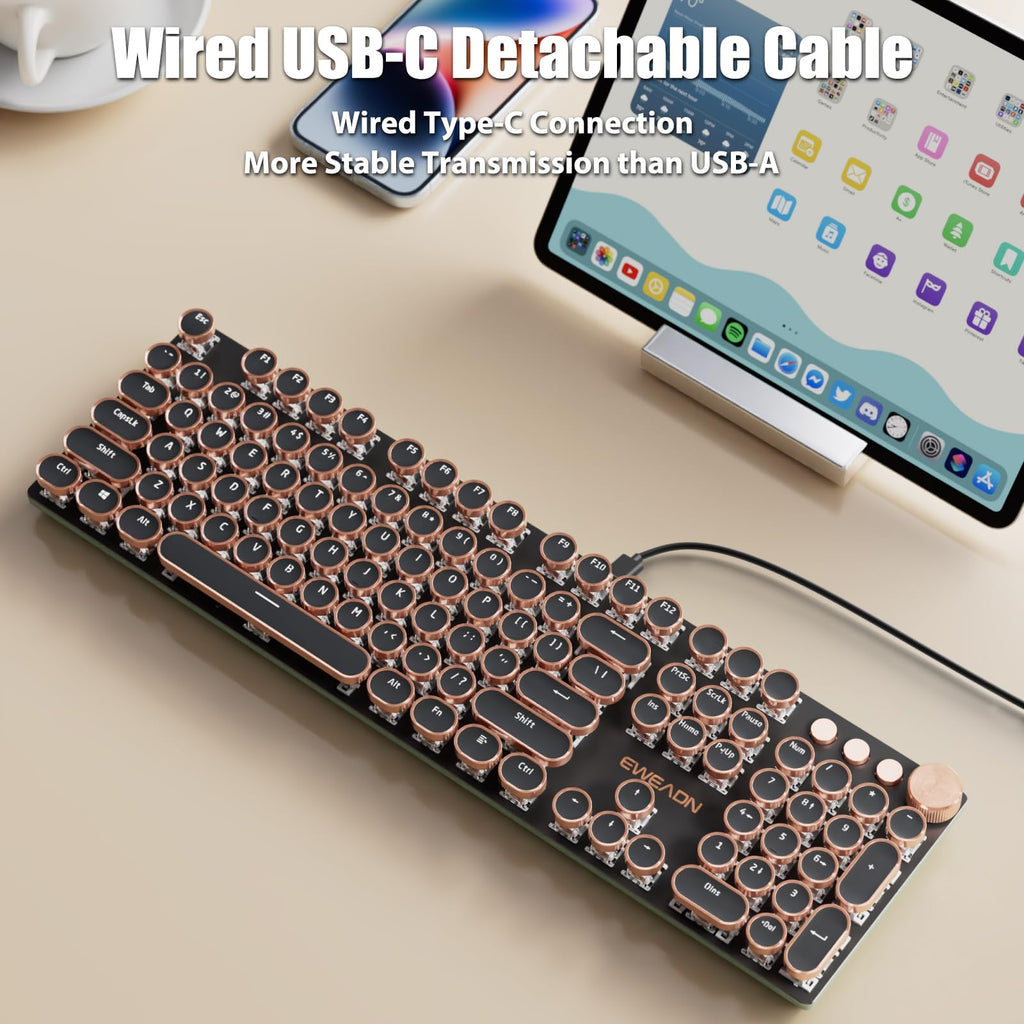 Typewriter Style Mechanical Gaming Keyboard White LED Backlit 104-Key NKRO Pink Switches Retro Round Keycaps Golden Ring Volume Knob Metal Panel Wired USB-C Detachable Cable, Rose Gold