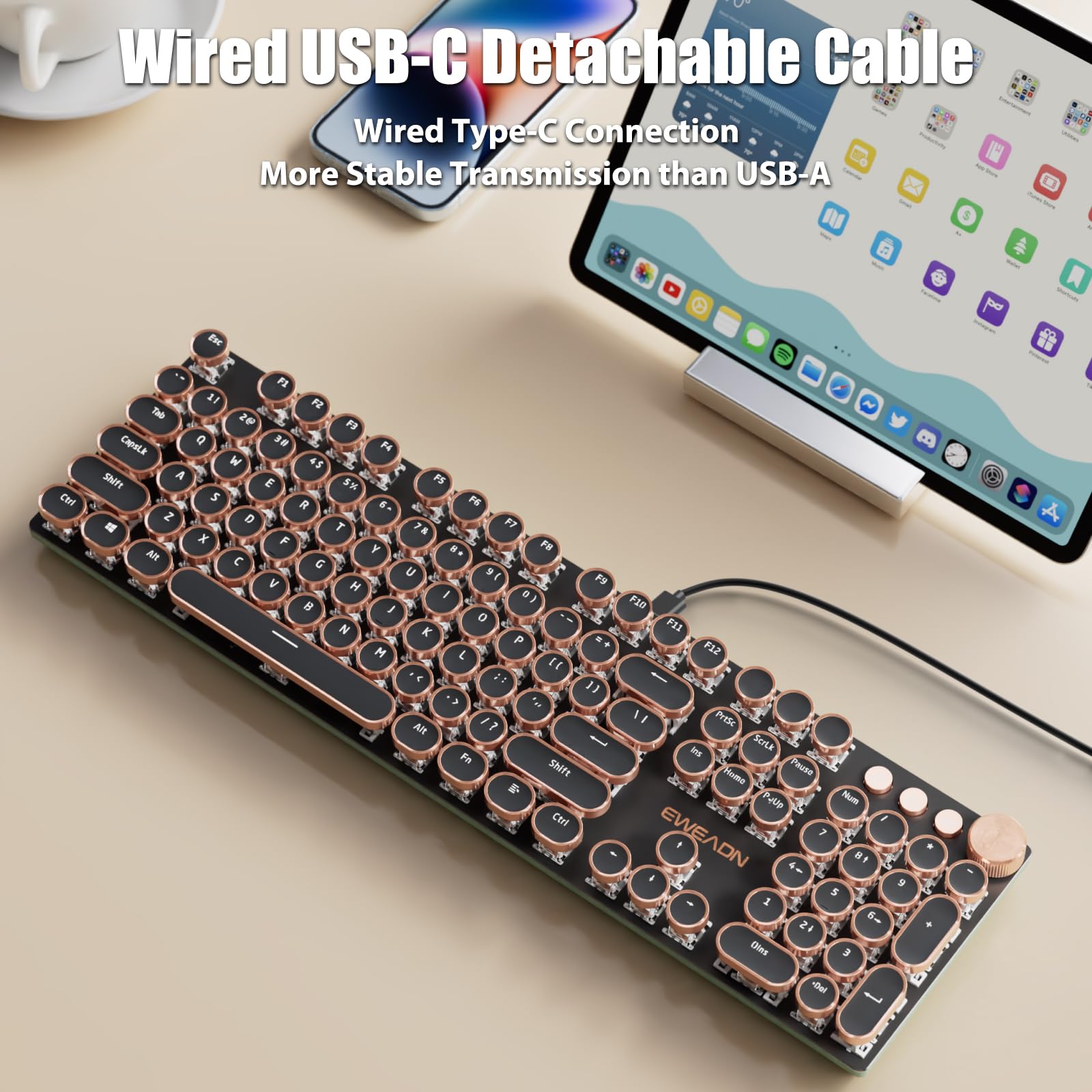 Typewriter Style Mechanical Gaming Keyboard White LED Backlit 104-Key NKRO Pink Switches Retro Round Keycaps Golden Ring Volume Knob Metal Panel Wired USB-C Detachable Cable, Rose Gold