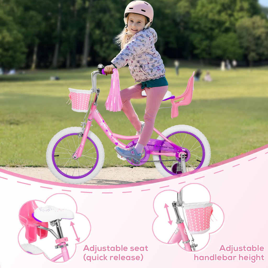 WEIZE Girls Bike for 3-12 Years Old Kids, 14 16 20 Inch Kids Bike with Training Wheels, Streamers, Basket and Doll Seat, Children Bicycles with Coaster Brake, Multiple Colors