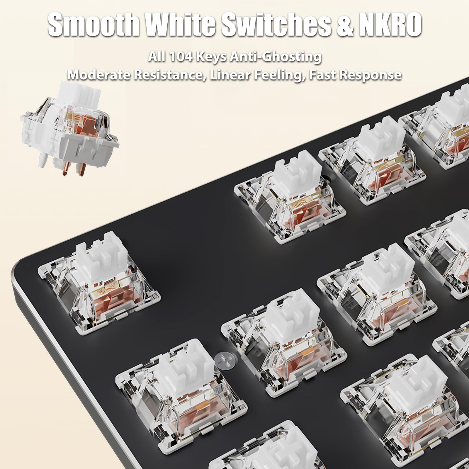 Typewriter Style Mechanical Gaming Keyboard White LED Backlit 104-Key NKRO Pink Switches Retro Round Keycaps Golden Ring Volume Knob Metal Panel Wired USB-C Detachable Cable, Rose Gold