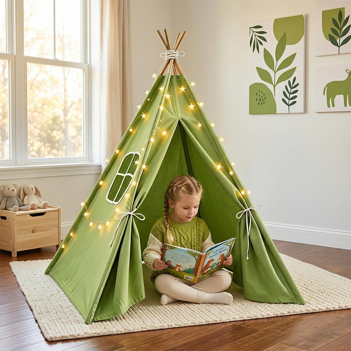 6 Pack Teepee Tent for Kids,Collapsible Kids Teepee Tent with 10 Ft String Lights,White Kid Teepee Boys Girls Indoor Outdoor Slumber Party Sleepover Party