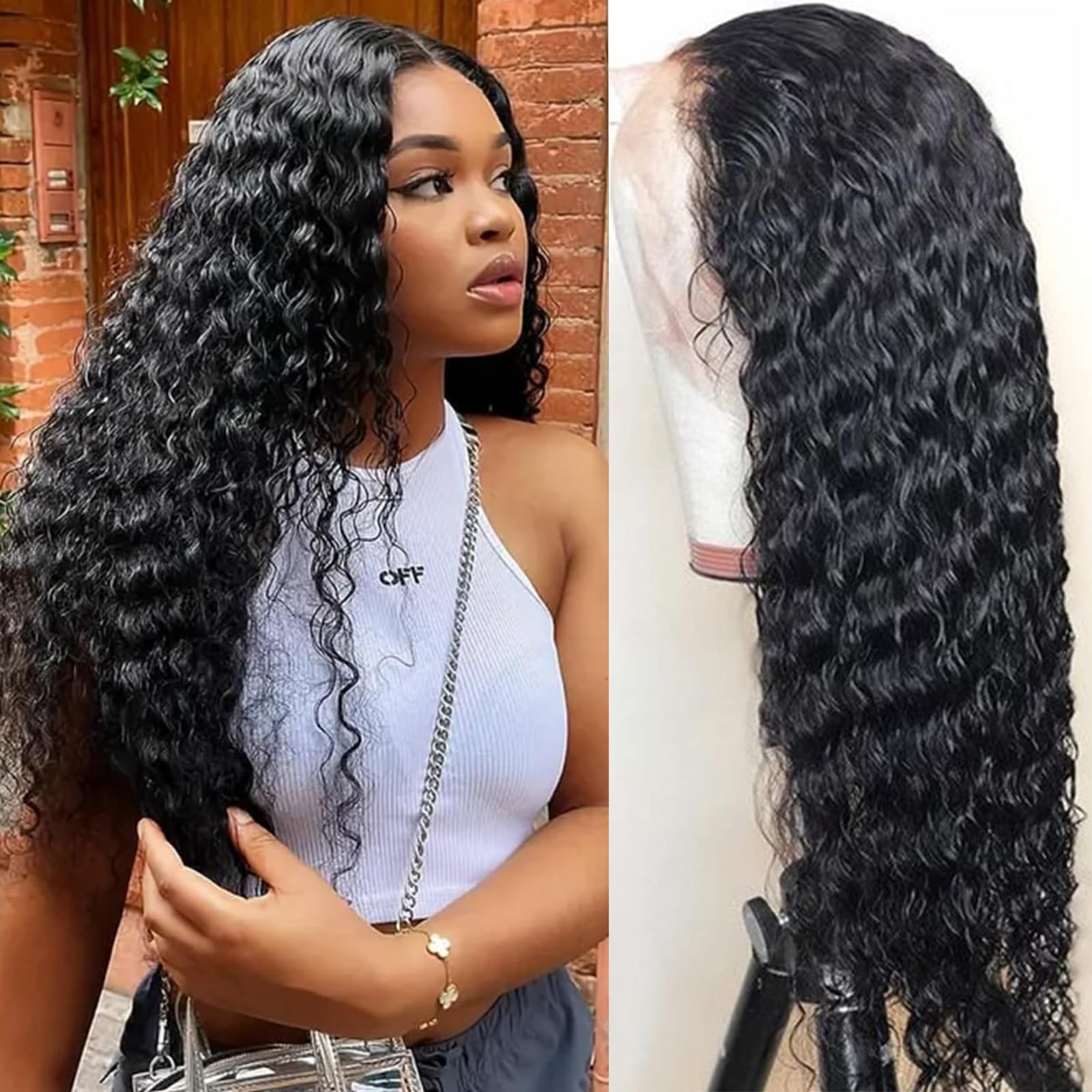 Nsvnsv 30 Inch 13x6 Deep Wave Lace Front Wigs Human Hair HD Full Lace Frontal Wigs Pre Plucked Bleached Knots 180% Density Deep Curly Human Hair Wig Natural Color