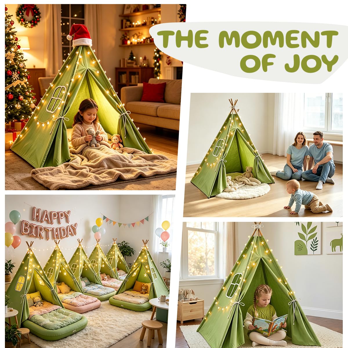 6 Pack Teepee Tent for Kids,Collapsible Kids Teepee Tent with 10 Ft String Lights,White Kid Teepee Boys Girls Indoor Outdoor Slumber Party Sleepover Party
