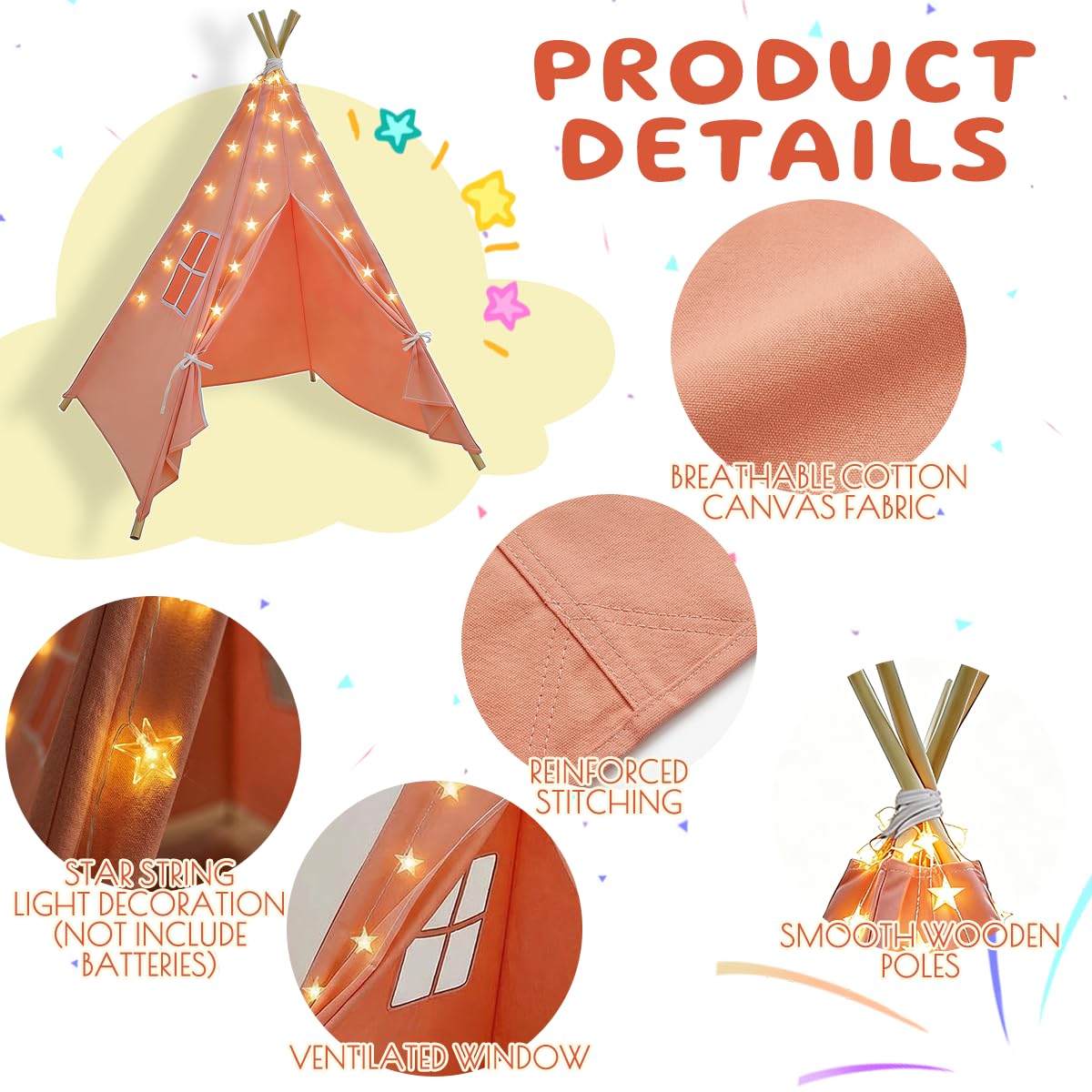 6 Pack Teepee Tent for Kids,Collapsible Kids Teepee Tent with 10 Ft String Lights,White Kid Teepee Boys Girls Indoor Outdoor Slumber Party Sleepover Party