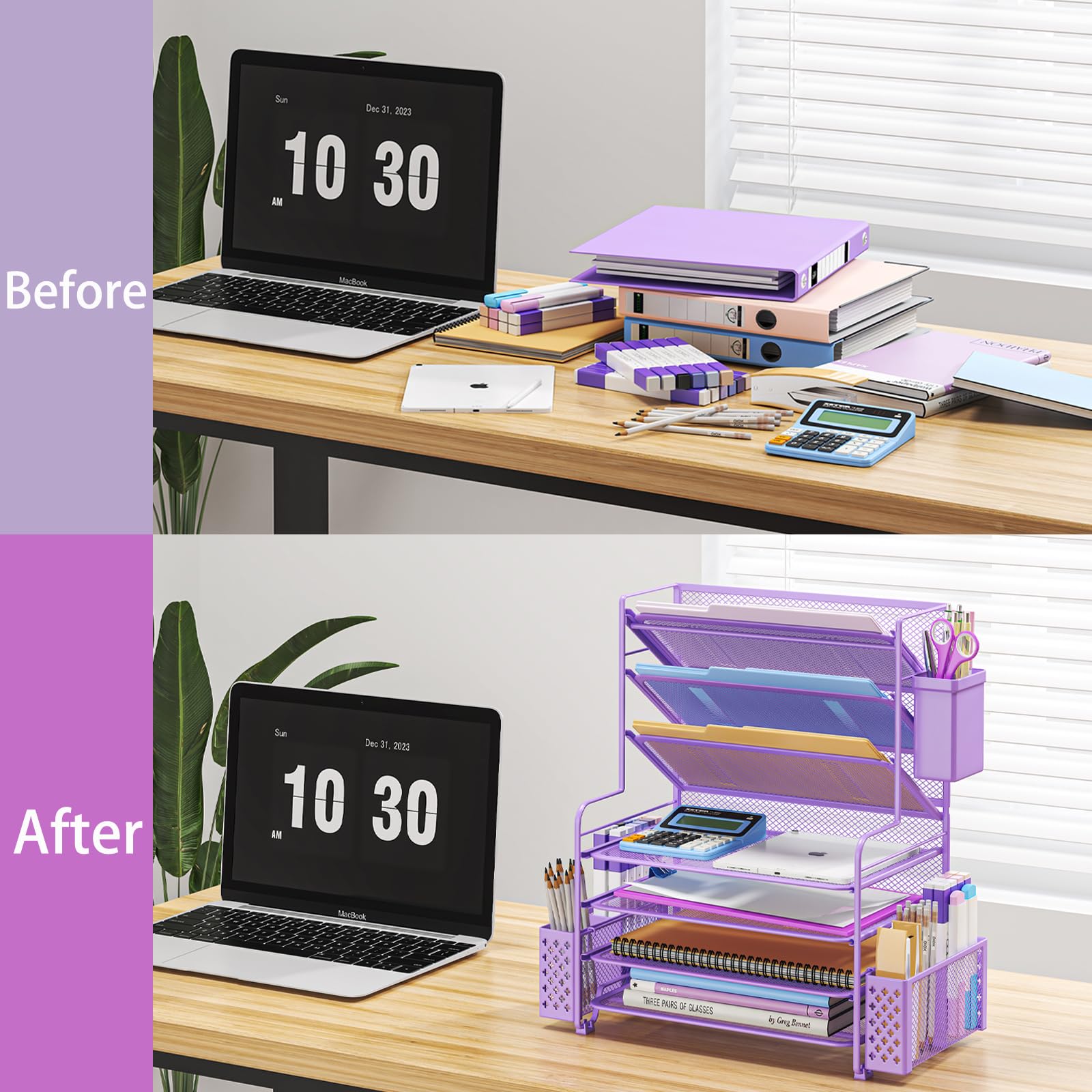 Simple Trending 7 Tier Desk File Organizer, Letter Tray Paper Organizer with Pen Holder and Metal Hanging Basket, Pink