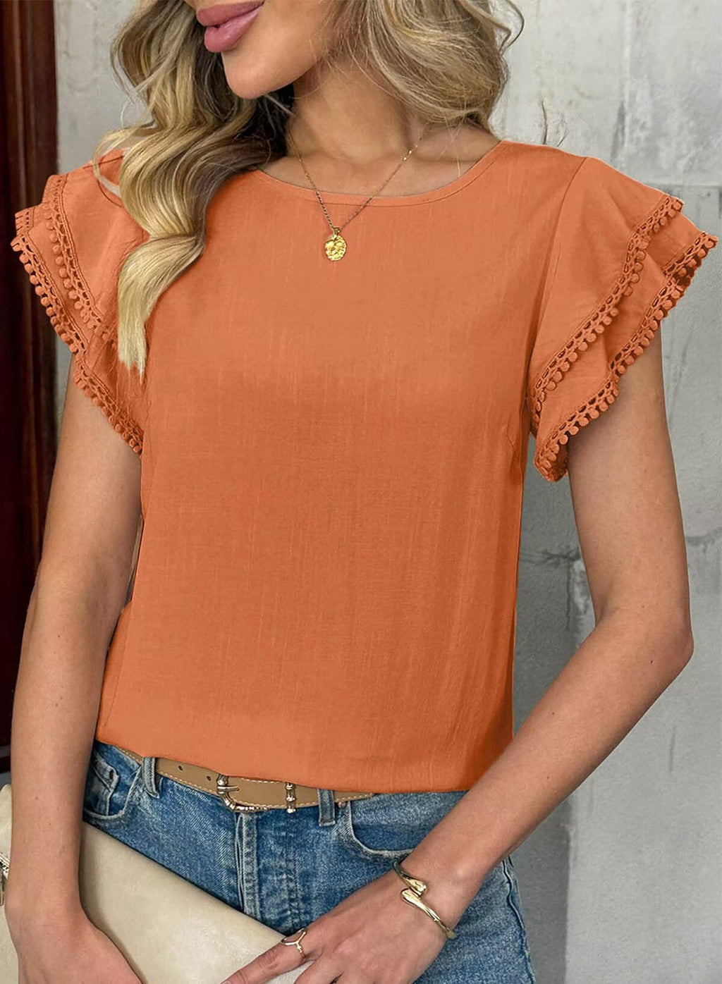 Dokotoo Summer Tops for Women 2026 Casual Round Neck Ruffle Cap Sleeve Blouse Shirts Solid Color Tunic Tops