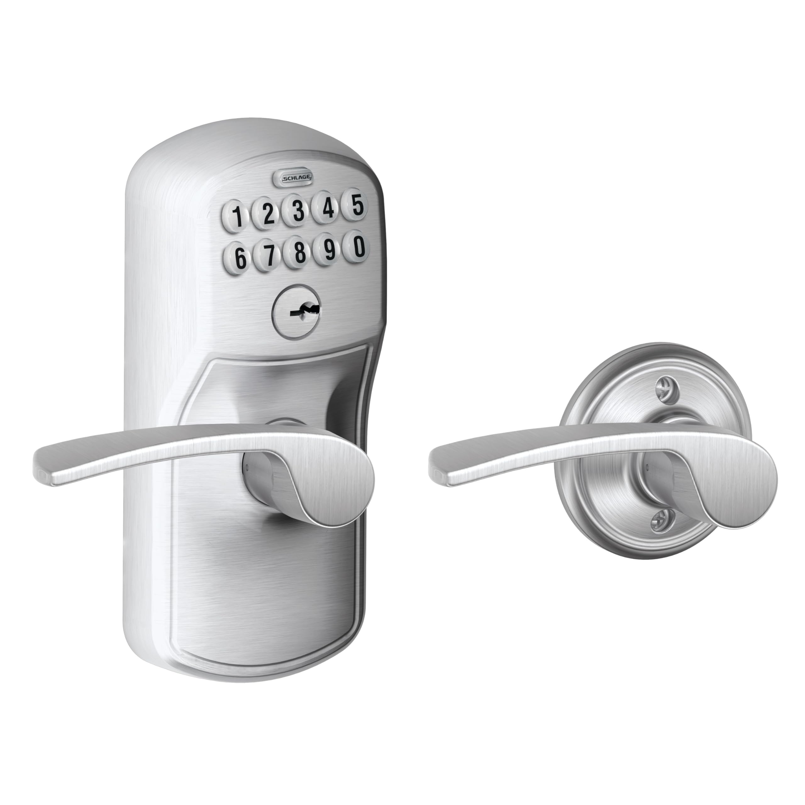 Schlage Plymouth Keypad Lock with Lever Handle, Electronic Keyless Door Entry, Auto‑Lock Enabled, Satin Chrome, FE575 PLY 626 ELA