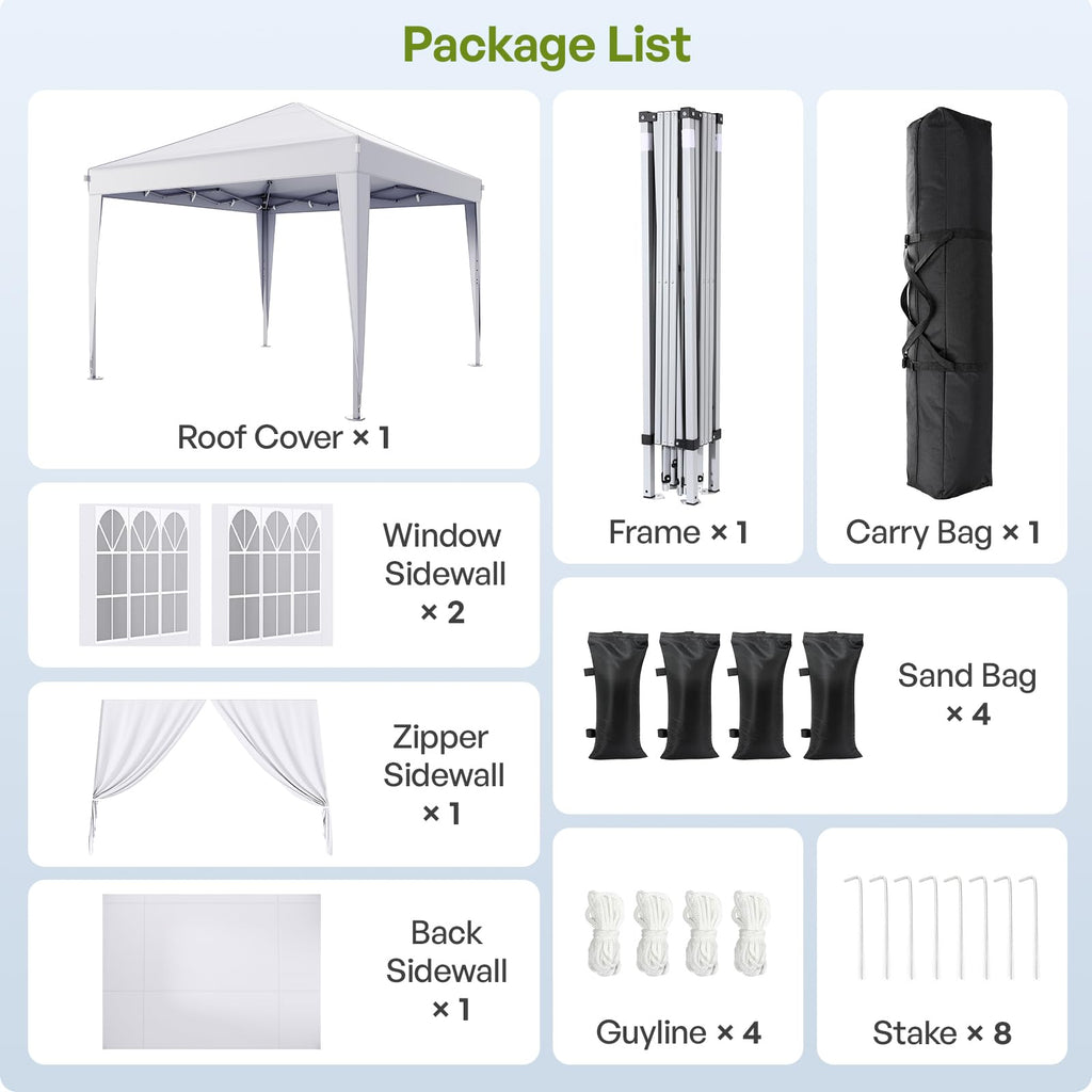 Driftalia 10x10 Pop Up Canopy with Sidewalls, Outdoor Instant Canopy Tent with Carry Bag for Commercial Events, Camping, Backyard Parties - White