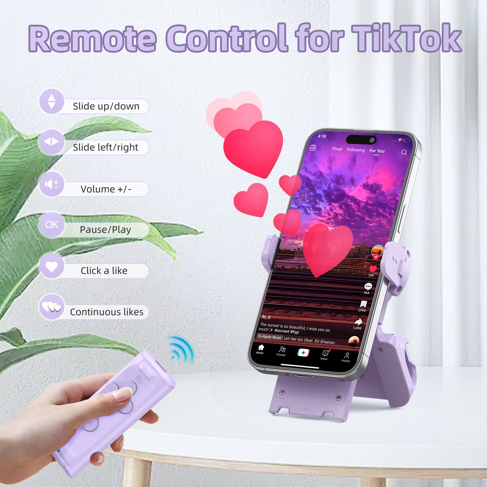 MILOUZ Remote Control Scrolling for Tiktok with Phone Stand,Page Turner for Kindle App E-Book,Bluetooth Camera Shutter Remote for iPhone, Android,iOS,iPad,Tablet (Purple)