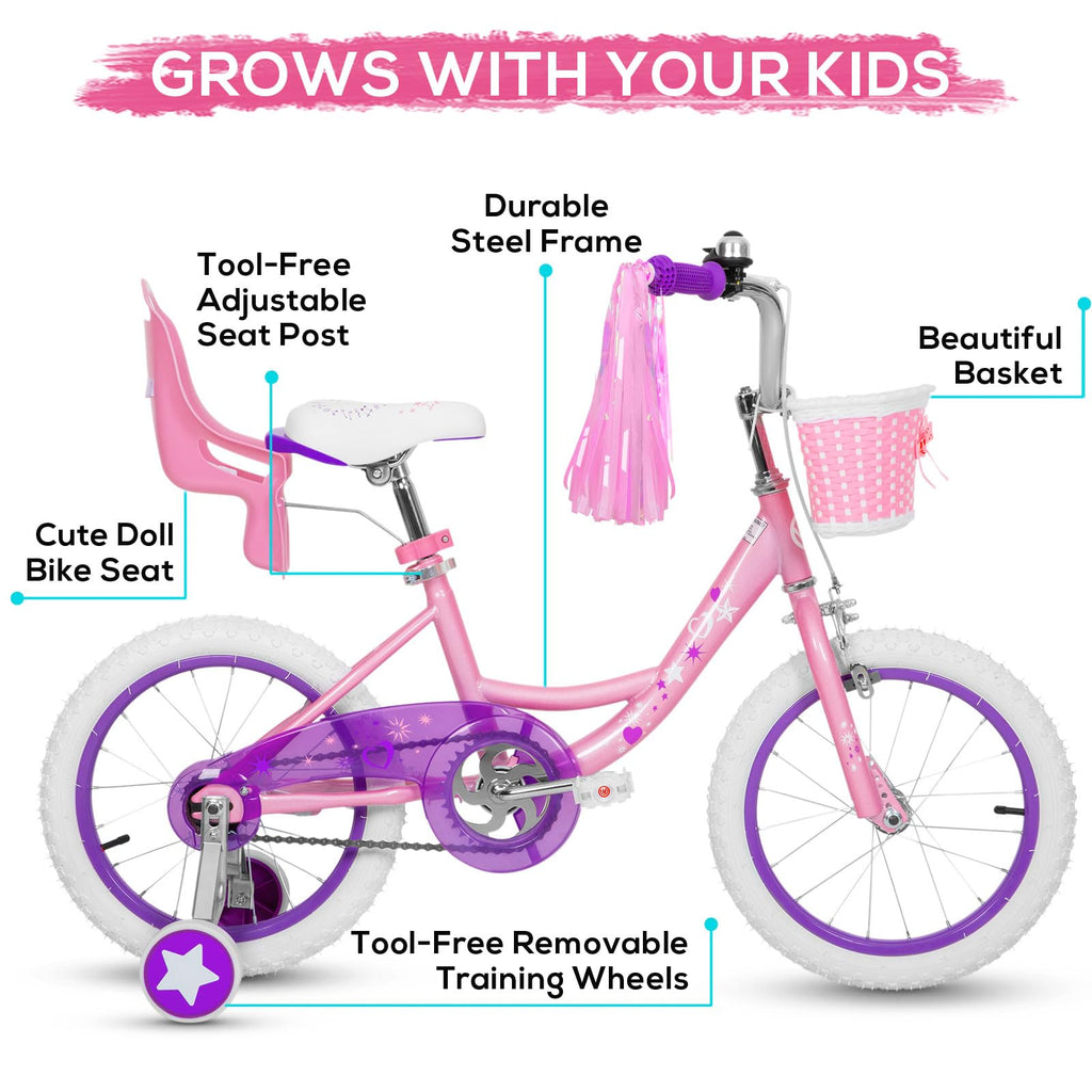 WEIZE Girls Bike for 3-12 Years Old Kids, 14 16 20 Inch Kids Bike with Training Wheels, Streamers, Basket and Doll Seat, Children Bicycles with Coaster Brake, Multiple Colors