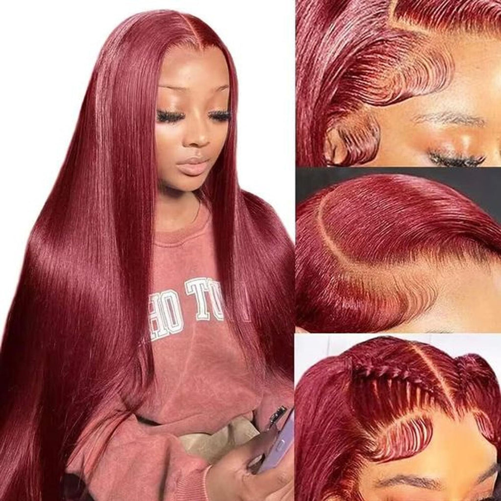 Fiumer Burgundy Wig Human Hair 28inch 13x6 HD Transparent Lace Straight 99J Red Human Hair Wig Colored Reddish Brown Lace Frontal Wigs 180% Density Pre Plucked