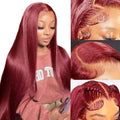 Fiumer Burgundy Wig Human Hair 28inch 13x6 HD Transparent Lace Straight 99J Red Human Hair Wig Colored Reddish Brown Lace Frontal Wigs 180% Density Pre Plucked