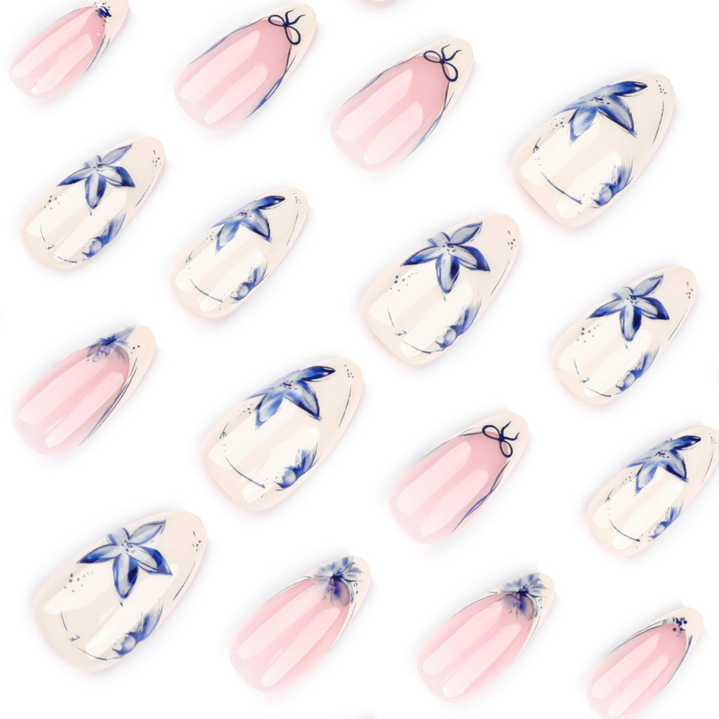 Summer French Press On Nails Short Almond, Cute Nude Pink Fake Nails with White French Tip & Brown Dot Detail, Glossy Gel Acrylic Stick On Nails, Perfect for Daily Wear & Gifts, New Packaging, 32PCS