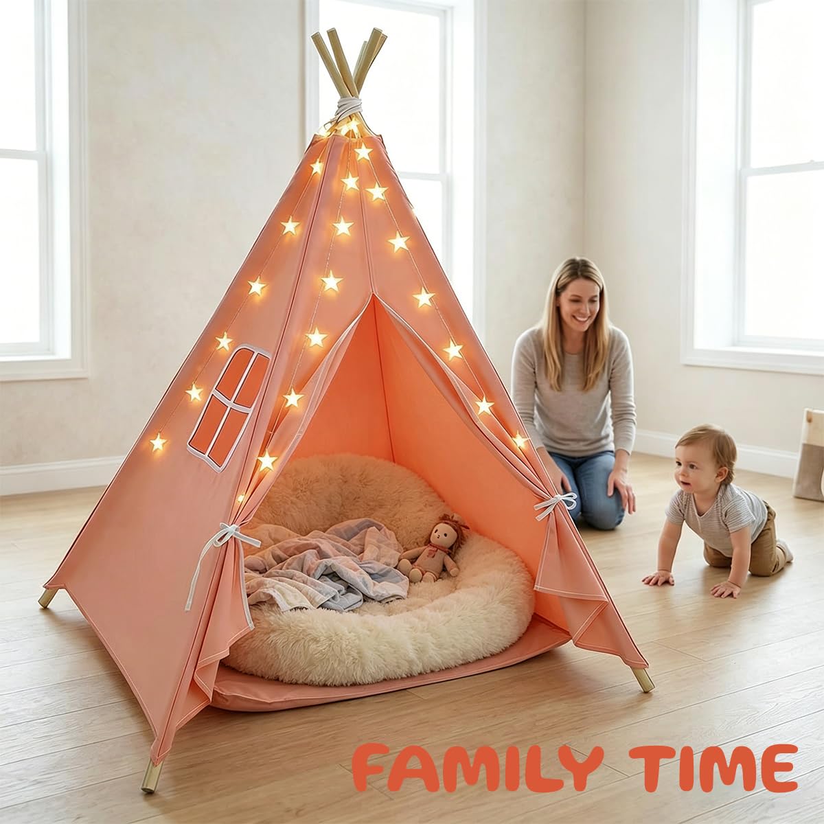 6 Pack Teepee Tent for Kids,Collapsible Kids Teepee Tent with 10 Ft String Lights,White Kid Teepee Boys Girls Indoor Outdoor Slumber Party Sleepover Party