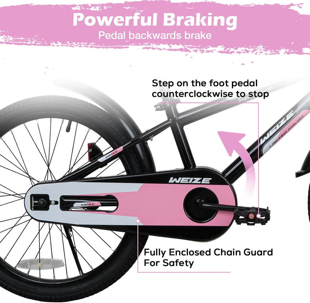 WEIZE Kids Bike, 20 Inch Children Bicycle for Boys & Girls Ages 6-12 Years Old, Rider Height 48-60 Inch, Adjustable Seat & Handlebars, Coaster Brake, Pinkblack
