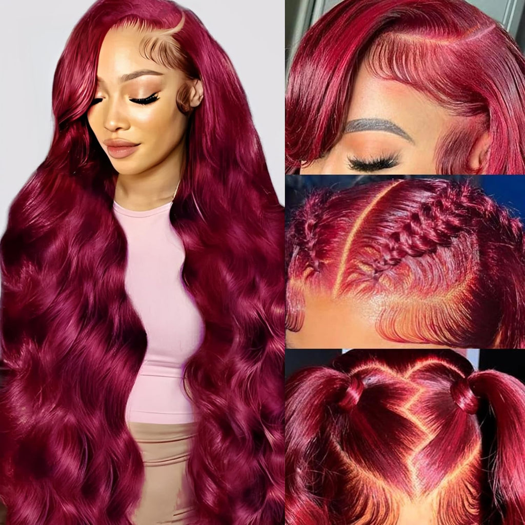 QZOQZO 28 Inch 99j Burgundy Lace Front Wigs Human Hair Red Burgundy Wig 180% Density 13x6 Body Wave Lace Front Wigs Pre Plucked Glueless Lace Front Wigs Human Hair for Women