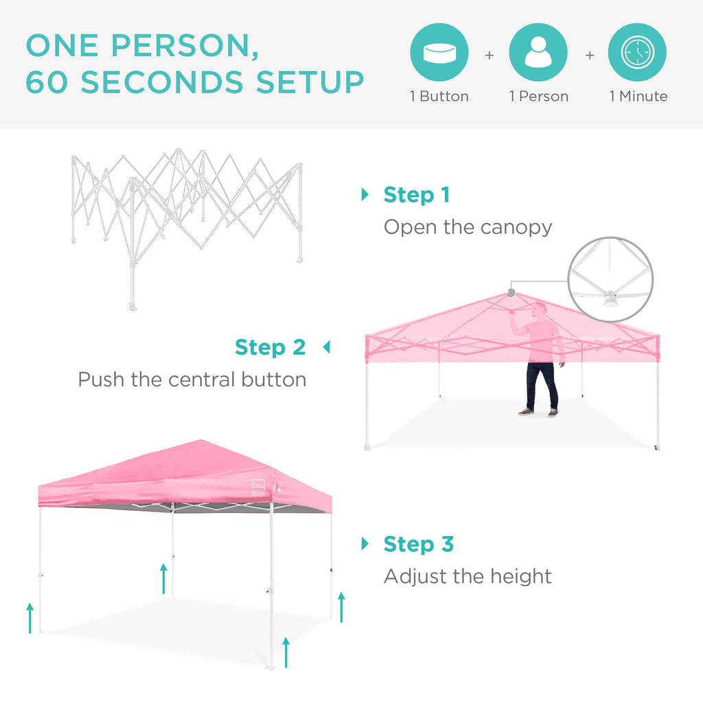 Best Choice Products 10x10ft Pop Up Canopy Tent with Sidewall, 1 Person 1 Minute Set Up, Carry Case, 4 Weight Bags - Pink/White
