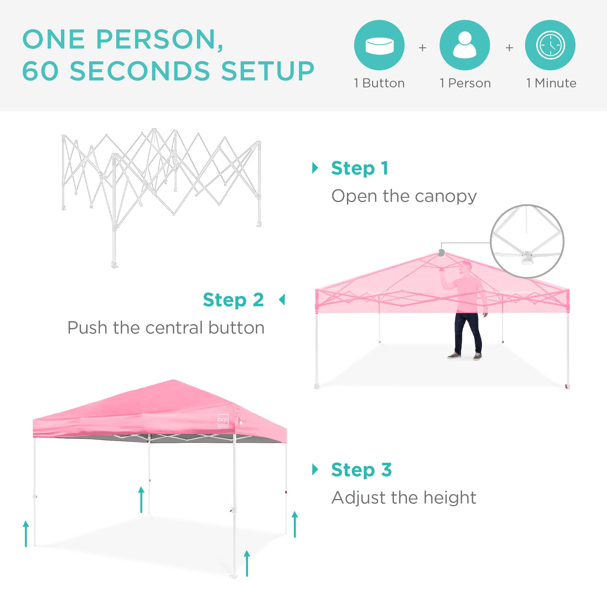 Best Choice Products 10x10ft Pop Up Canopy Tent with Sidewall, 1 Person 1 Minute Set Up, Carry Case, 4 Weight Bags - Pink/White