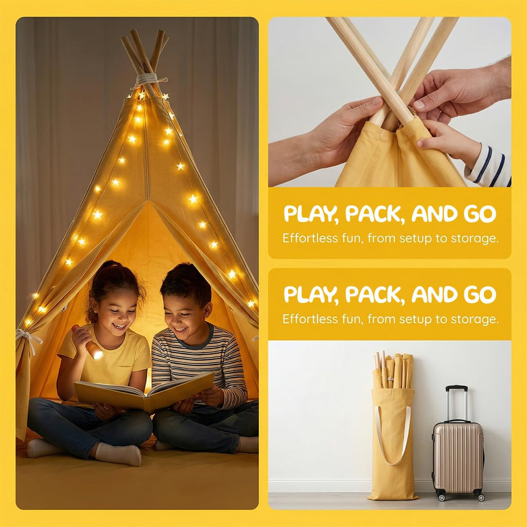 6 Pack Teepee Tent for Kids,Collapsible Kids Teepee Tent with 10 Ft String Lights,White Kid Teepee Boys Girls Indoor Outdoor Slumber Party Sleepover Party