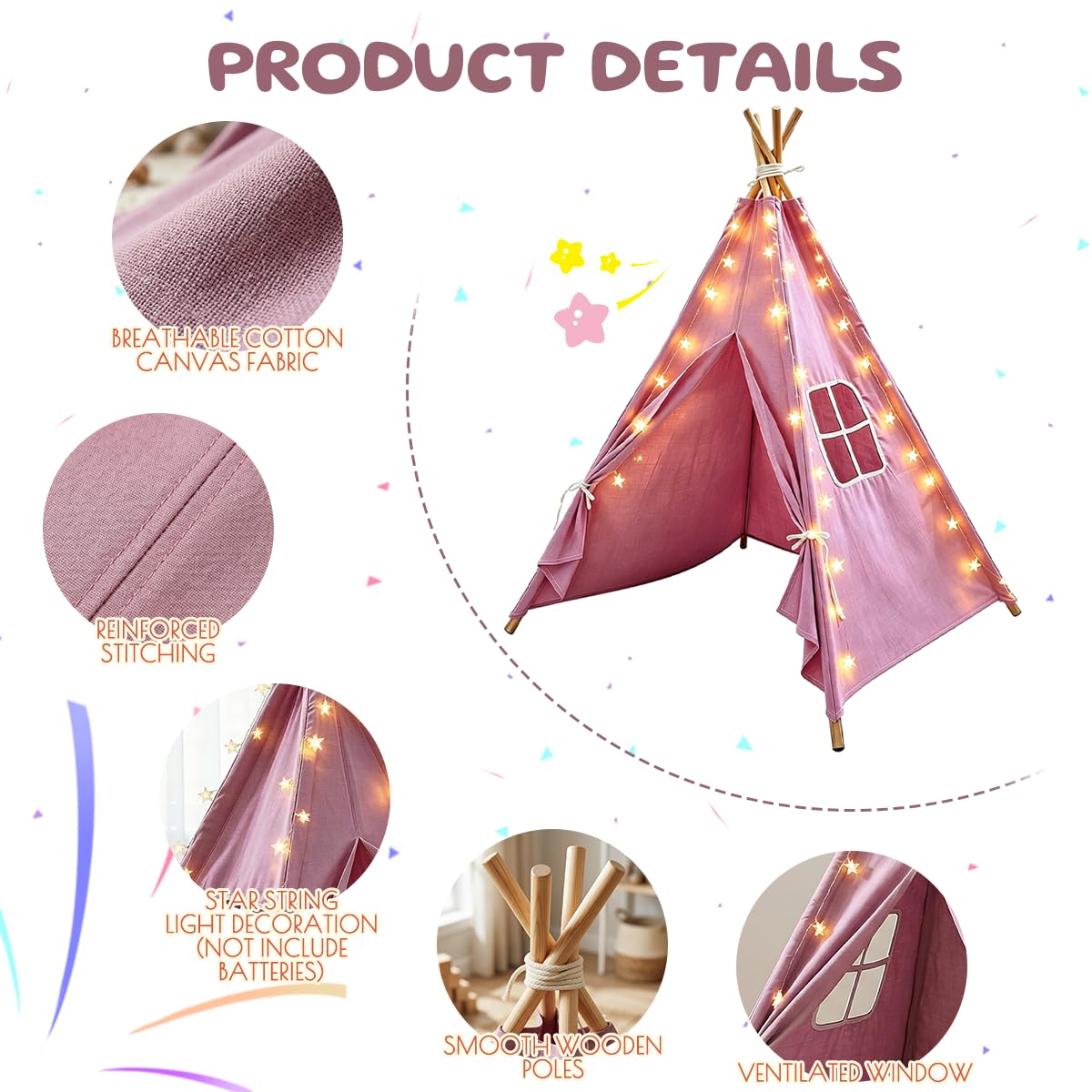 6 Pack Teepee Tent for Kids,Collapsible Kids Teepee Tent with 10 Ft String Lights,White Kid Teepee Boys Girls Indoor Outdoor Slumber Party Sleepover Party
