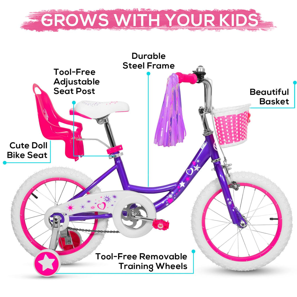 WEIZE Girls Bike for 3-12 Years Old Kids, 14 16 20 Inch Kids Bike with Training Wheels, Streamers, Basket and Doll Seat, Children Bicycles with Coaster Brake, Multiple Colors
