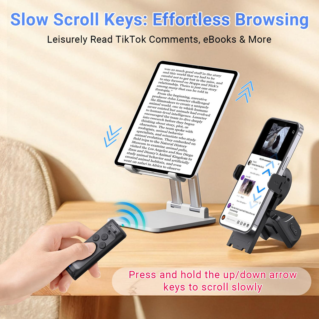MILOUZ Remote Control Scrolling for Tiktok with Phone Stand,Page Turner for Kindle App E-Book,Bluetooth Camera Shutter Remote for iPhone, Android,iOS,iPad,Tablet (Purple)