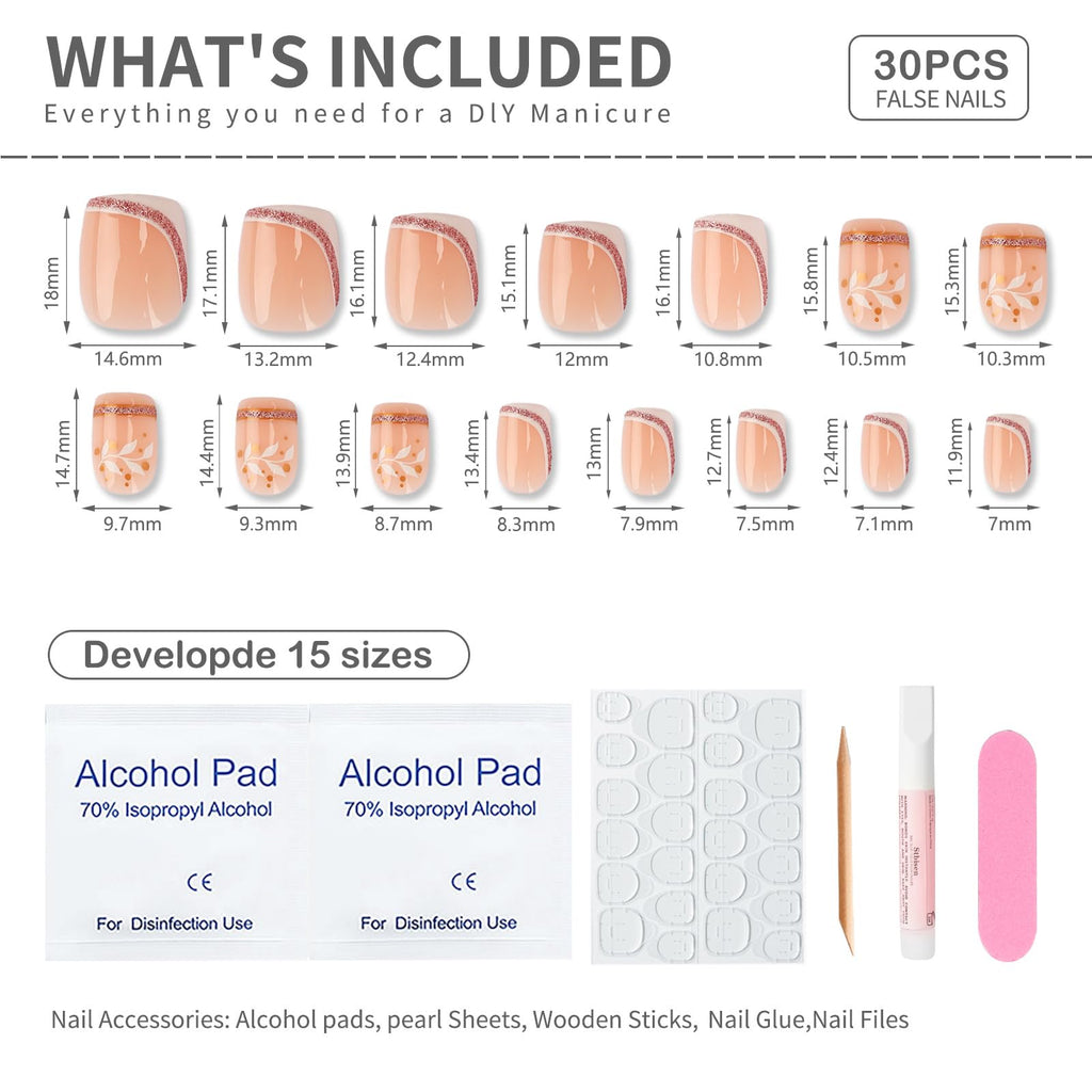 Summer French Press On Nails Short Almond, Cute Nude Pink Fake Nails with White French Tip & Brown Dot Detail, Glossy Gel Acrylic Stick On Nails, Perfect for Daily Wear & Gifts, New Packaging, 32PCS