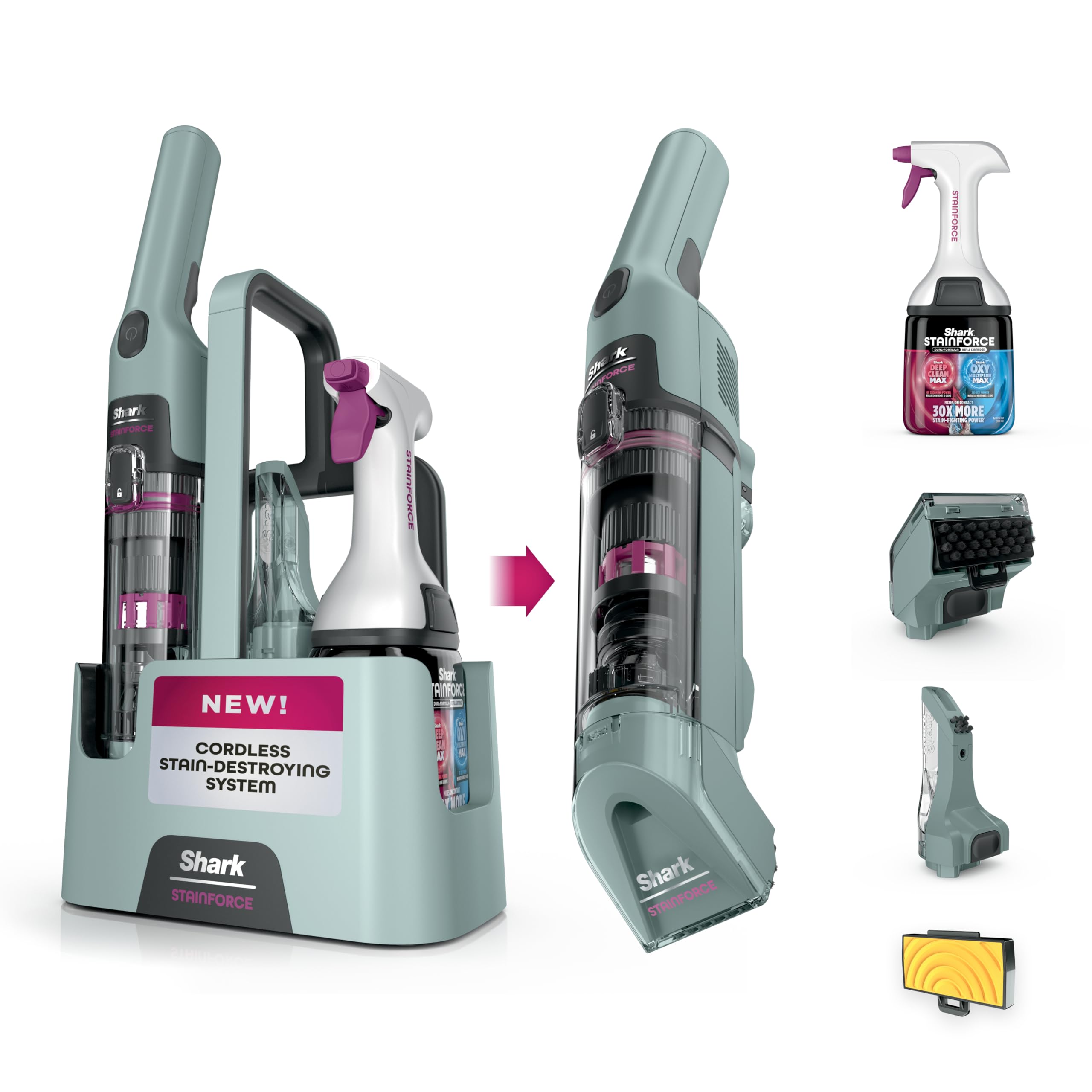 Shark StainForce Cordless Portable Spot, Stain, & Odor Remover System for Carpets, Area Rugs, Upholstery, Stairs, with Storage Caddy, Accessories, and Full-Size Cleaning Solution, HX105 (Renewed)