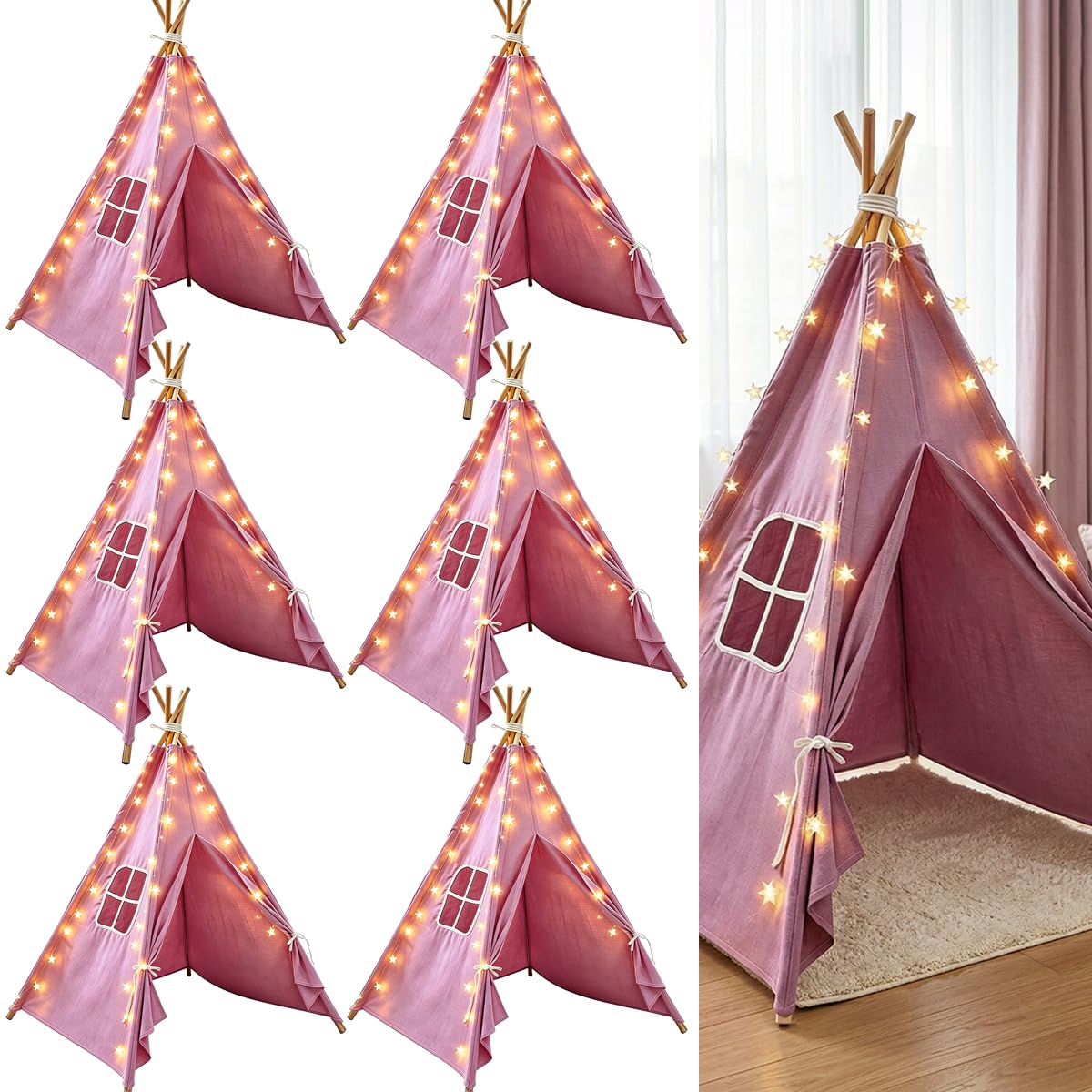 6 Pack Teepee Tent for Kids,Collapsible Kids Teepee Tent with 10 Ft String Lights,White Kid Teepee Boys Girls Indoor Outdoor Slumber Party Sleepover Party