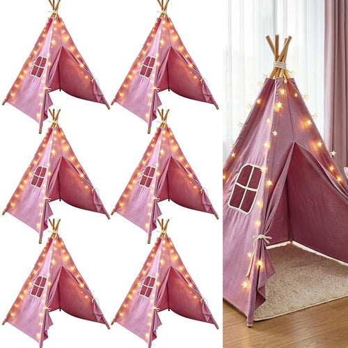 6 Pack Teepee Tent for Kids,Collapsible Kids Teepee Tent with 10 Ft String Lights,White Kid Teepee Boys Girls Indoor Outdoor Slumber Party Sleepover Party